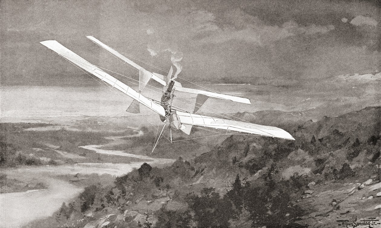 A máquina voadora do Aeródromo de Langley em voo no século XIX. Da revista The Strand Magazine publicada em 1897. de English School