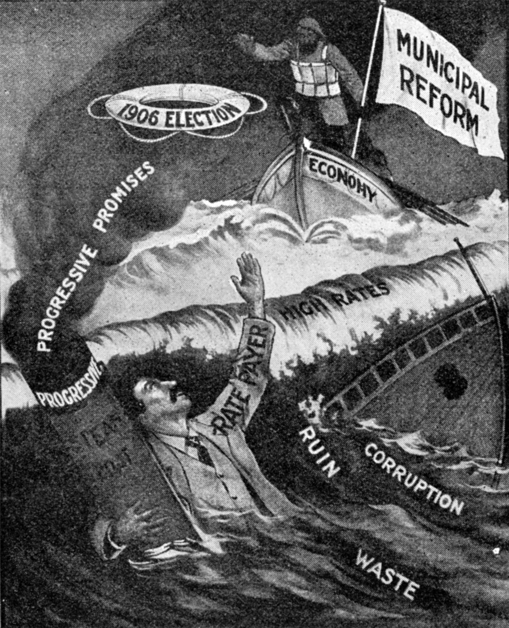 The Last Hope, um cartaz do Partido da Reforma Municipal, publicado em The Graphic, 27 de outubro de 1906 de English School