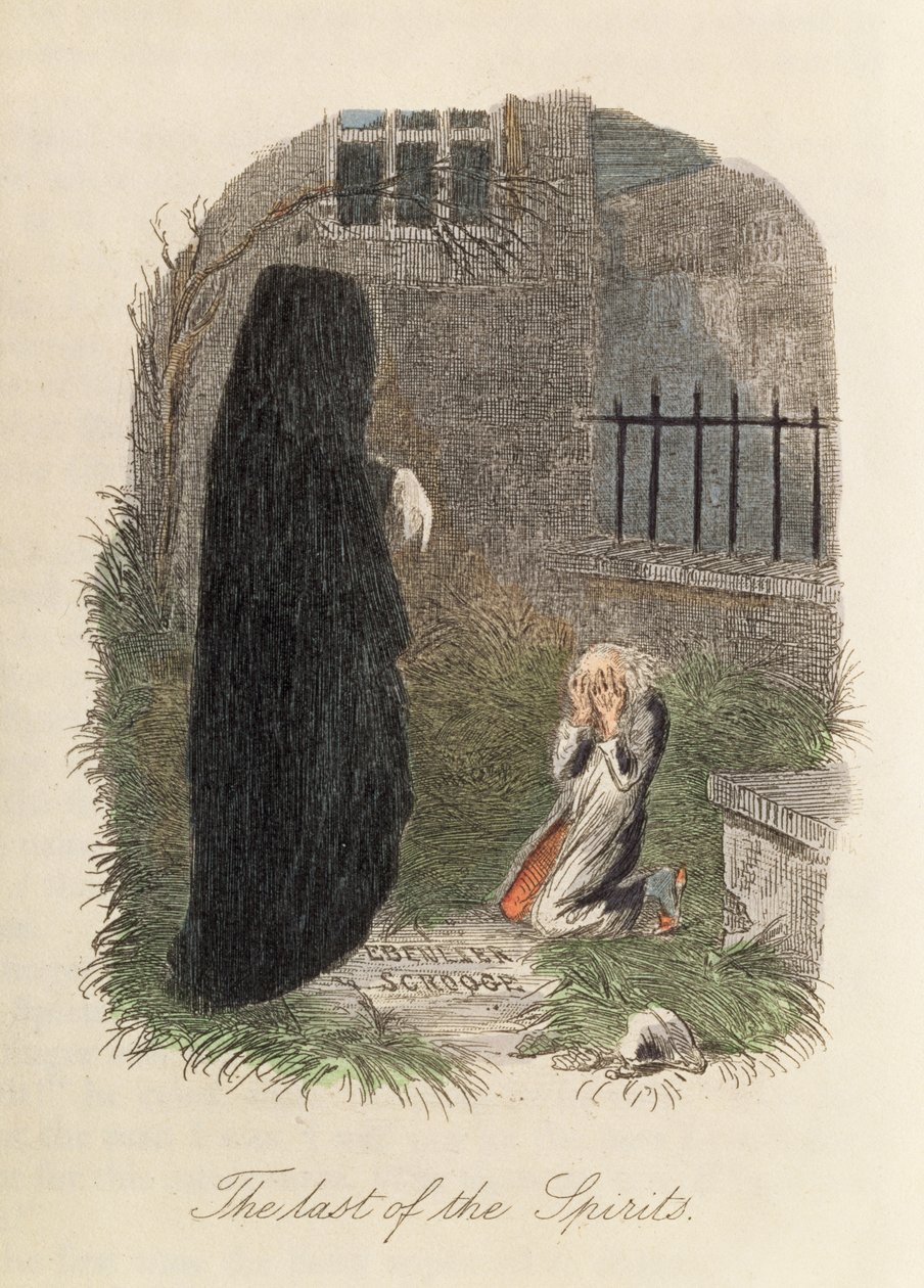 O último dos espíritos, ilustração para uma canção de Natal por Charles Dickens (1812-1870) 1843 (gravura de cor) de English School