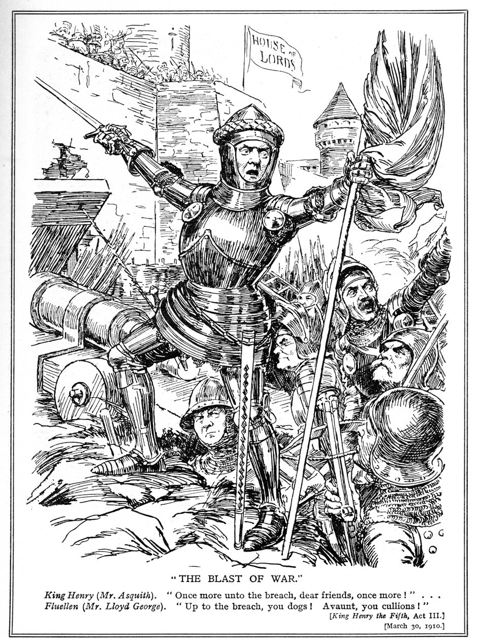 Os liberais, liderados por Asquith e LLoyd George, atacam a Câmara dos Lordes, 1910 de English School