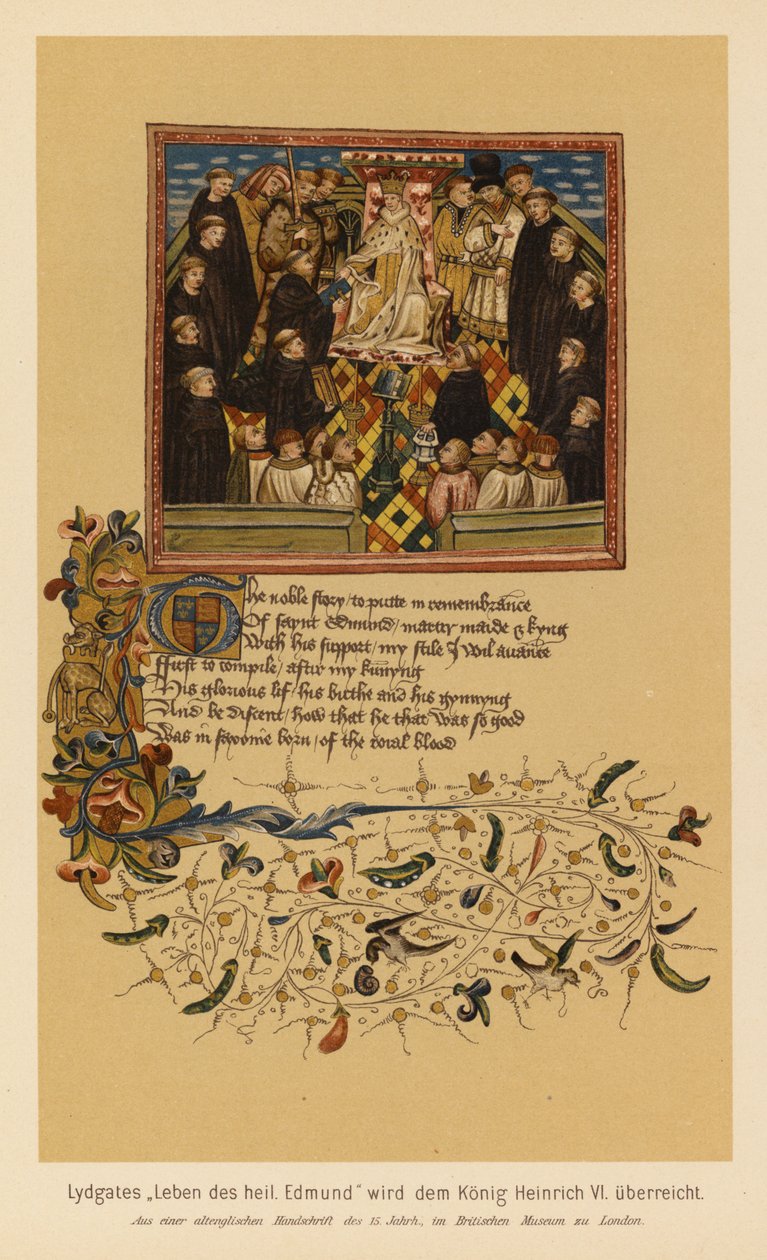A Vida de Santo Edmundo, Rei e Mártir, de John Lydgate, apresentada a Henrique VI (litografia a cores) de English School