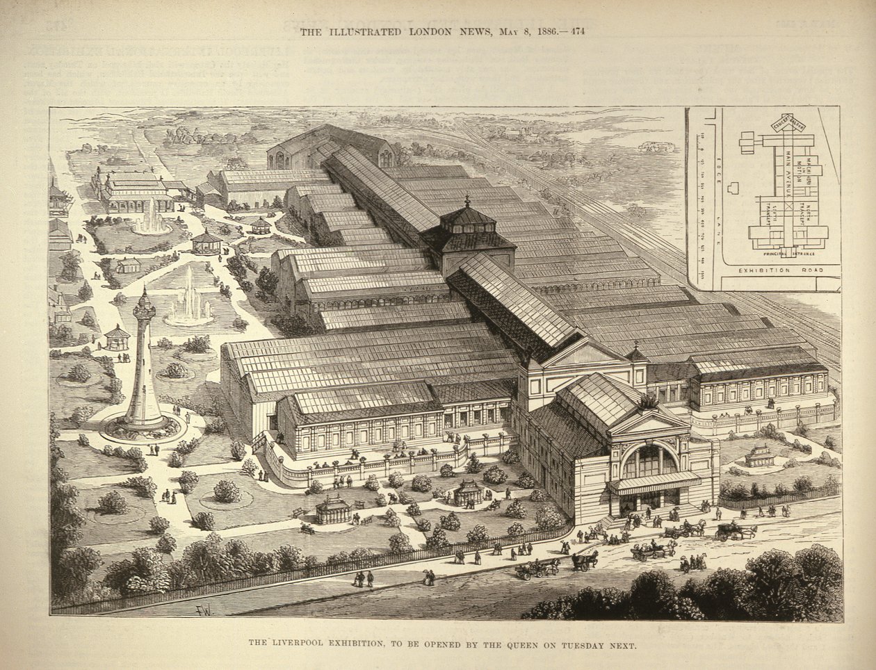 A Exposição de Liverpool, a ser inaugurada pela Rainha, de The Illustrated London News, 5 de agosto de 1886 de English School