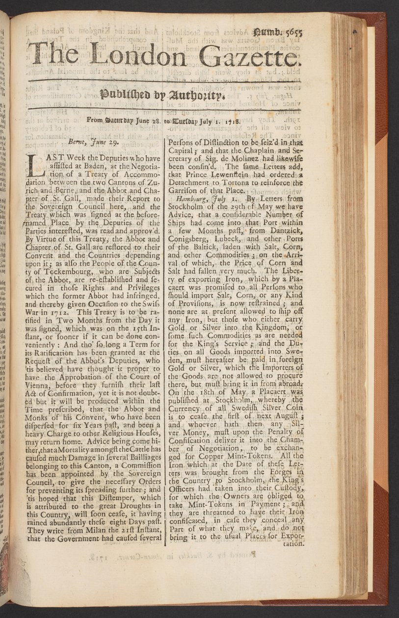 The London Gazette, edição 5655, página 1, 28 de Junho de 1718 (imprimir) de English School