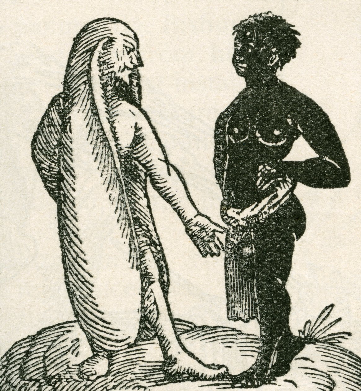 O homem de orelhas compridas repreende o seu servo. Dizia-se que os homens de orelhas compridas viviam em África. Dizia-se que dormiam deitados sobre uma orelha e que a outra os cobria como um cobertor. Da revista The Strand Magazine publicada em 1897. de English School