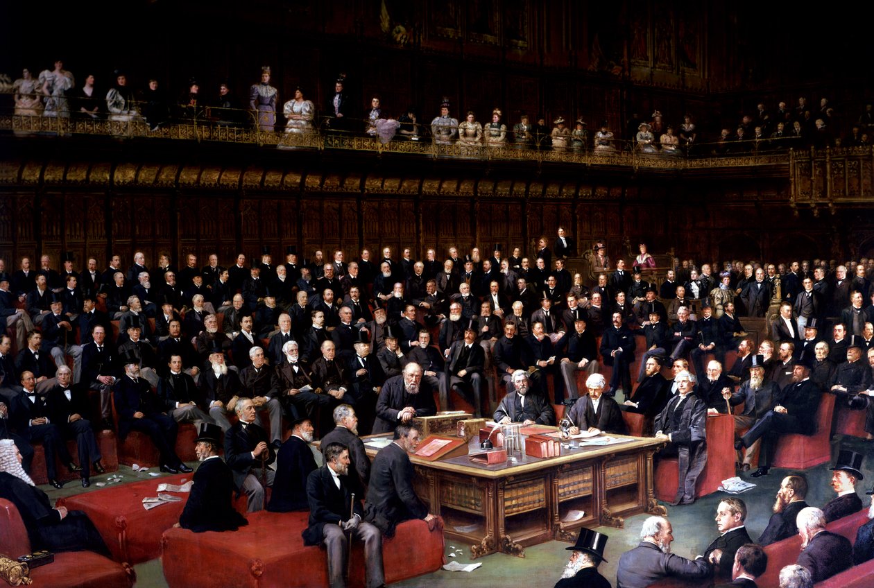 O Senhor Chanceler prestes a colocar a questão no debate sobre o governo local na Câmara dos Lordes, 1893 de English School
