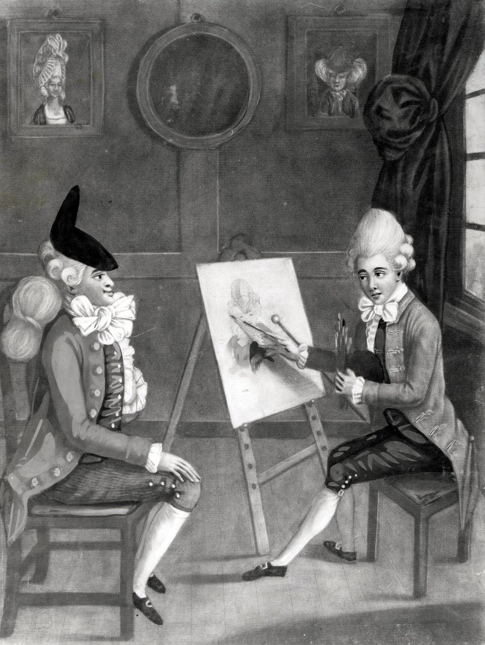 O Macaroni Painter, ou Billy Dimple, apropriado para o seu Picture, publicado por Bowles and Carver, 1772 (mezzotint) de English School