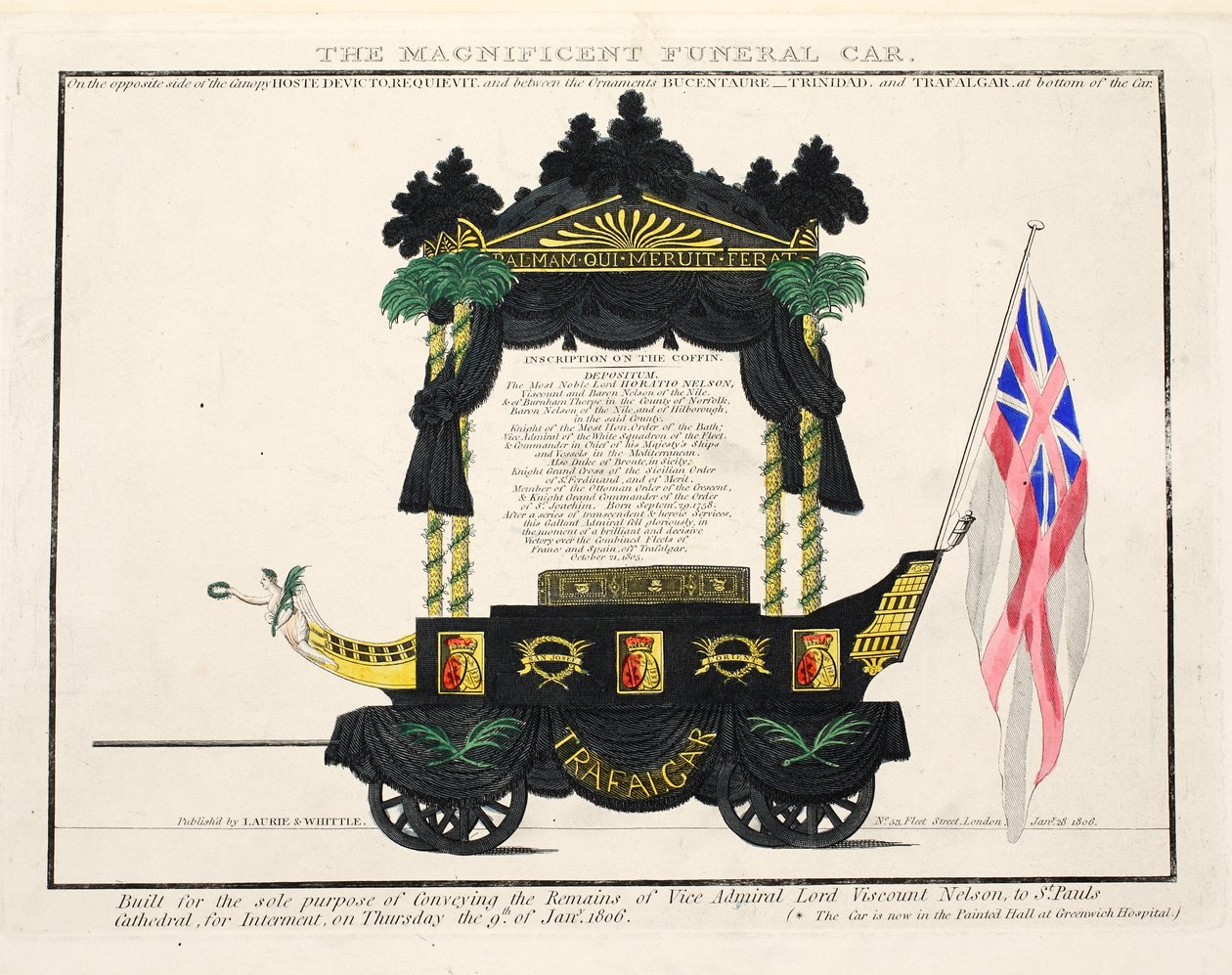 O Magnífico Carro Funerário, pub. 1806 (gravura colorida à mão) de English School