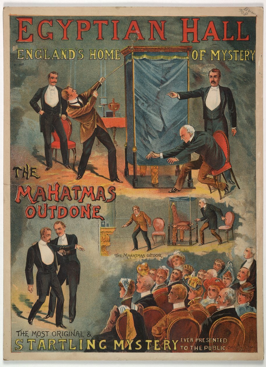"The Mahatmas Outdone", apresentado no Salão Egípcio por Maskelyne e Cooke em 1891 (lito colorido) de English School