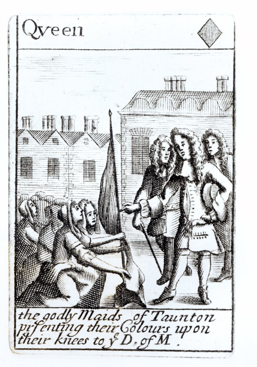 As Donzelas de Taunton Ajoelhando-se diante do Duque de Monmouth, 18 de junho de 1685, Rainha de Diamantes jogando cartas de um conjunto comemorativo Monmouths Rebellion de English School