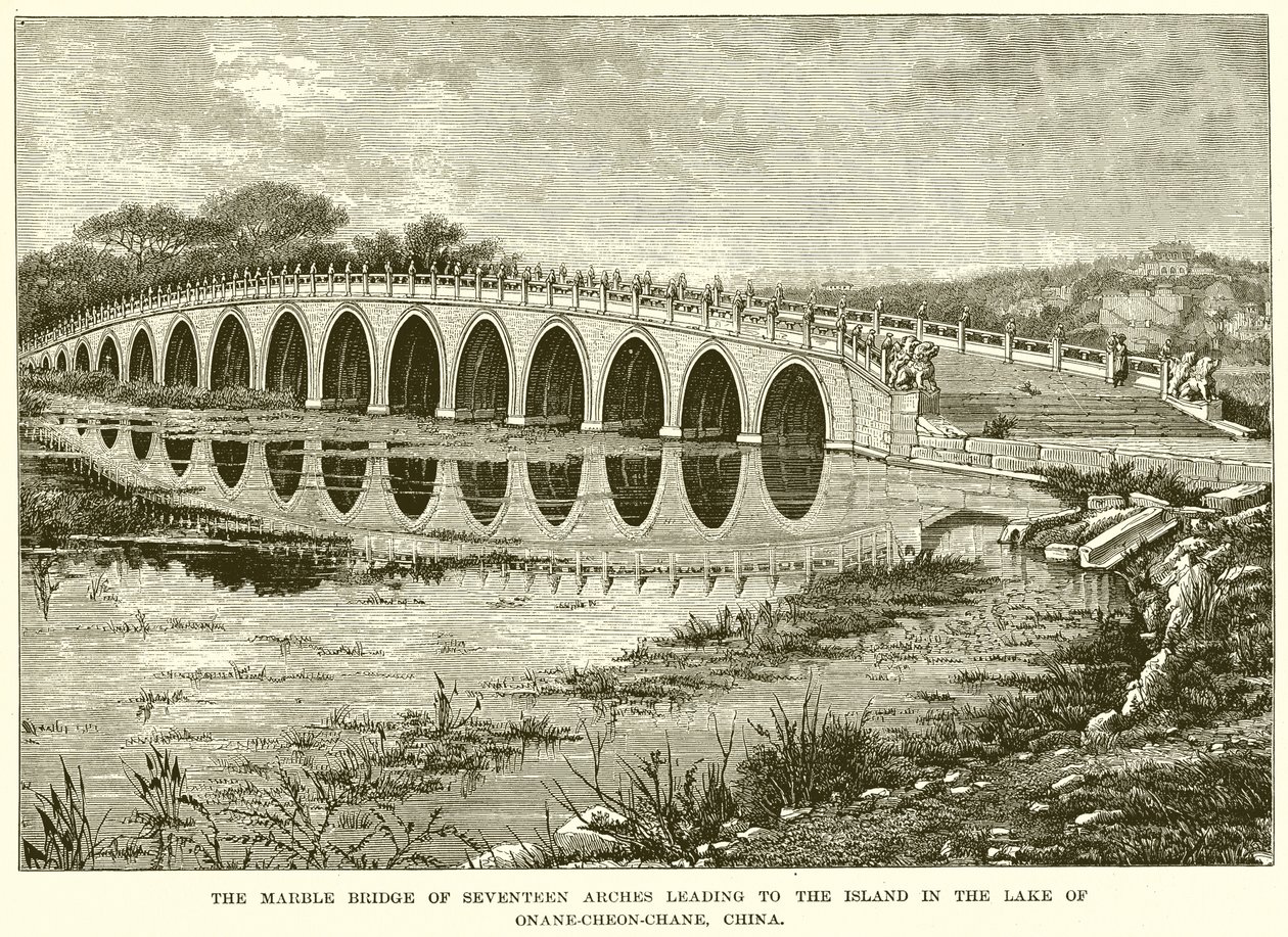 A ponte de mármore de dezassete arcos que conduz à ilha no lago de Onane-Cheon-Chane, China (gravura) de English School