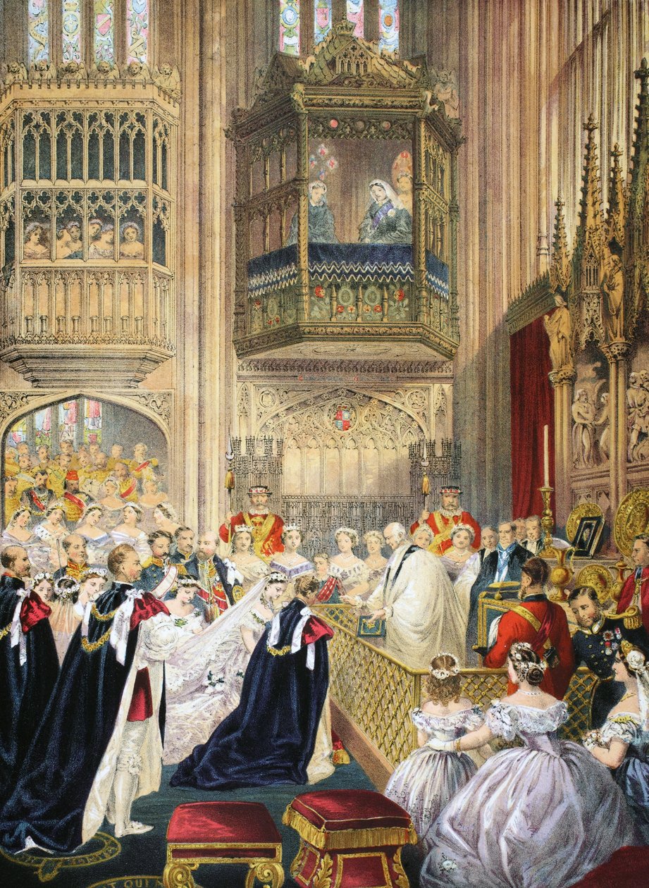 O casamento em St Georges Chapel, Windsor, de Um Memorial do Casamento de Eduardo VII e Alexandra da Dinamarca, pub. 1864 de English School