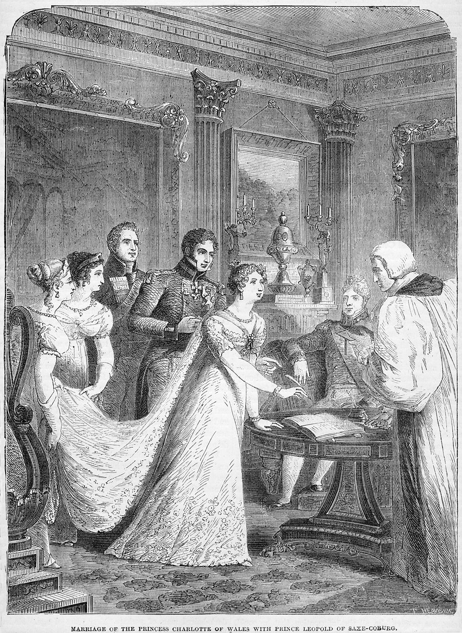 O casamento da princesa Charlotte de Gales com o príncipe Leopoldo de Saxe-Coburgo, em 2 de maio de 1816 de English School