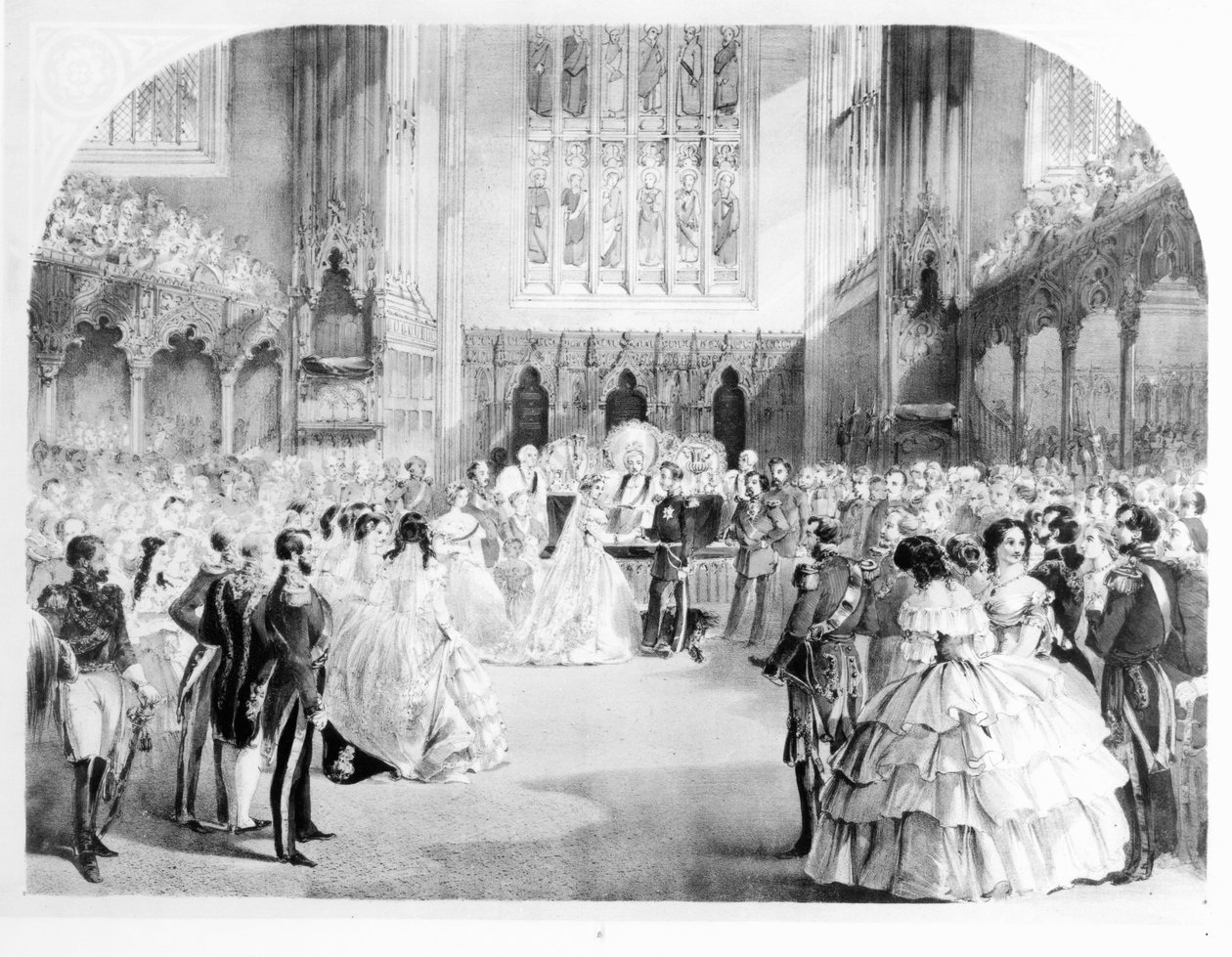 O casamento de Victoria, a princesa real (1840-1901) e o príncipe herdeiro Frederico Guilherme da Prússia (1831-1888) na Capela Real, St. James&39;s, 25 de janeiro de 1858 de English School