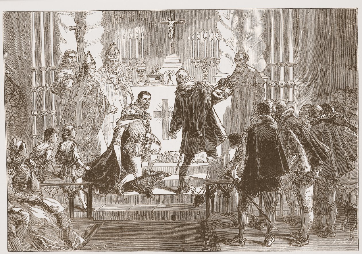 O marechal da Polônia que exige o juramento do duque de Anjou, ilustração da história do protestantismo por James Aitken Wylie (1808-1890), bar. 1878 de English School