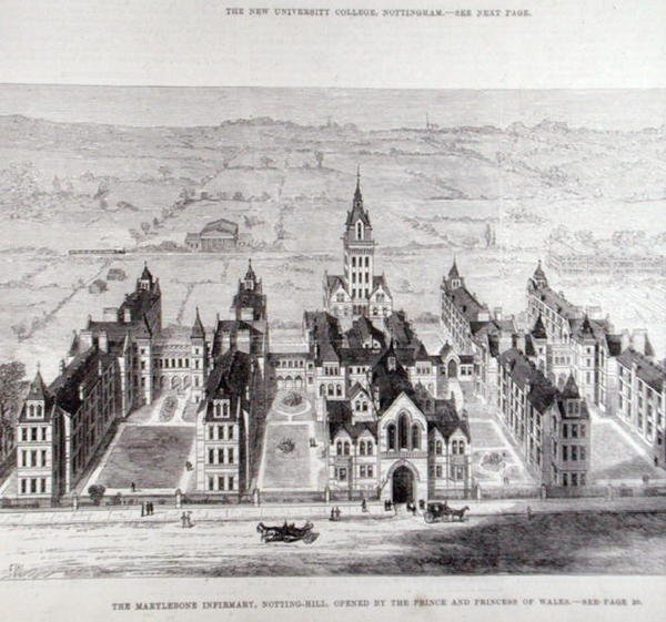 A Enfermaria de Marylebone, Notting Hill, aberta pelo Príncipe e Princesa de Gales, de The Illustrated London News, 7 de fevereiro de 1881 de English School