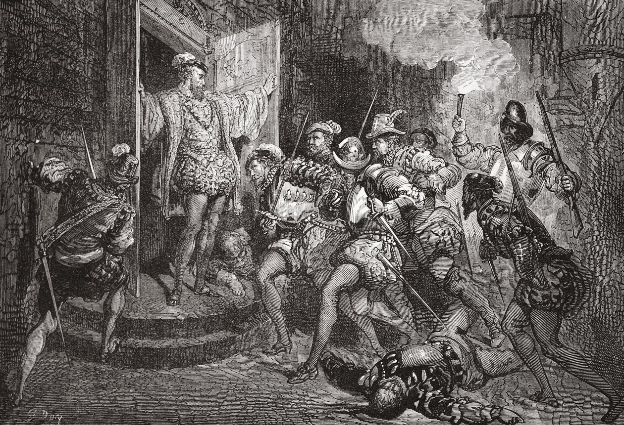 O Massacre de São Bartolomeu: ataque aos alojamentos de Colignys, ilustração de The History of Protestantism por James Aitken Wylie (1808-1890), pub. 1878 de English School