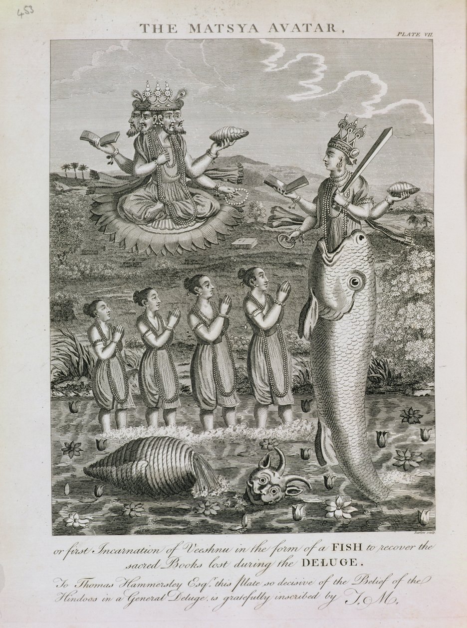 O Avatar Matsya, ou a Primeira Encarnação de Vishnu na Forma de um Peixe para Recuperar os Livros Sagrados Perdidos Durante o Dilúvio, gravados por Barlow de English School
