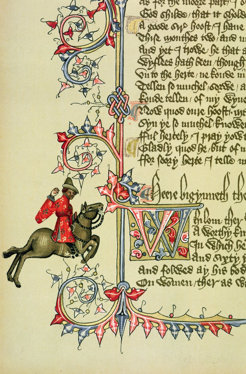 O comerciante, fac-símile detalhe de The Canterbury Tales, por Geoffrey Chaucer (c.1342-1400) de English School