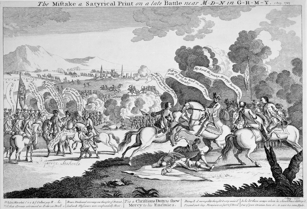 O erro de uma impressão satírica em uma batalha tardia perto de M-d-n em G-r-m-y, c.1759 (gravura) de English School