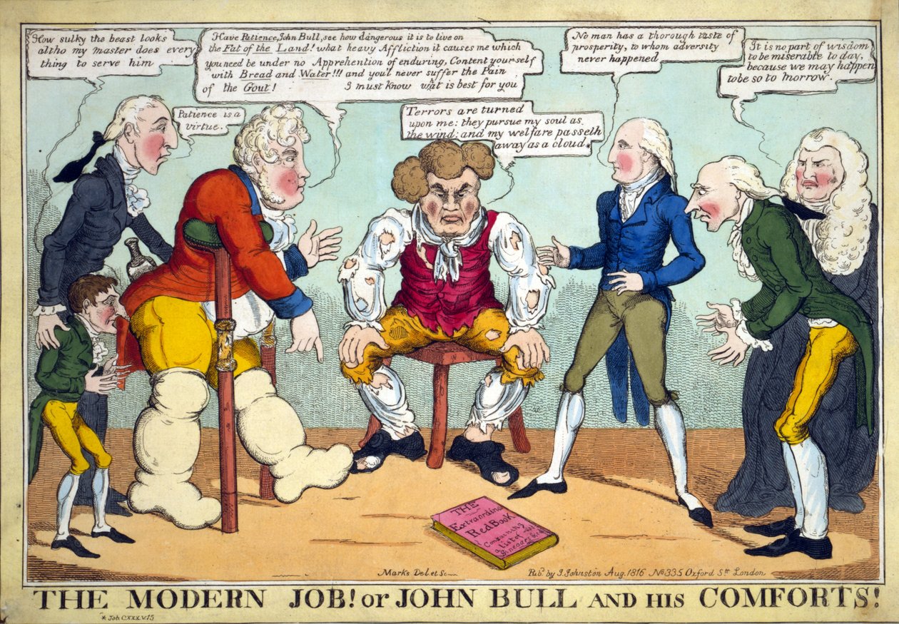 O Trabalho Moderno! Ou John Bull e o seu Comforts!, pub. 1816 (gravura colorida à mão) de English School