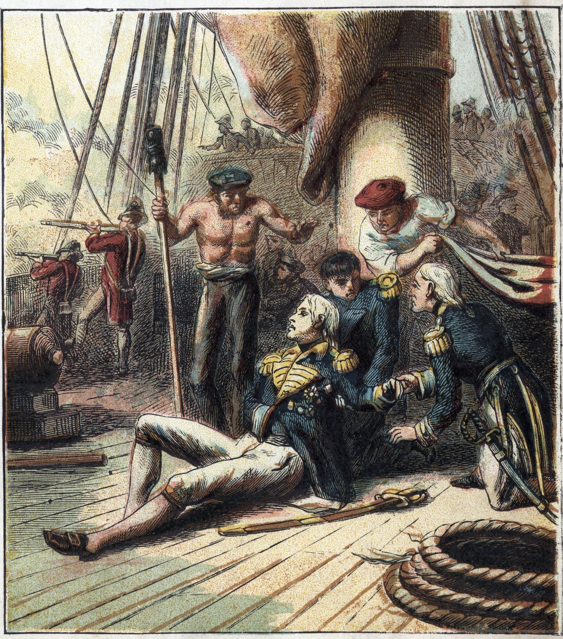 A Guerra Napoleónica: a Batalha de Trafalgar, em 21/10/1805 opôs-se a frota franco-espanhola sob o Almirante Villeneuve à frota britânica comandada pelo Vice-Almirante Nelson. Ele morreu lá. "A Batalha de Trafalgar". de English School