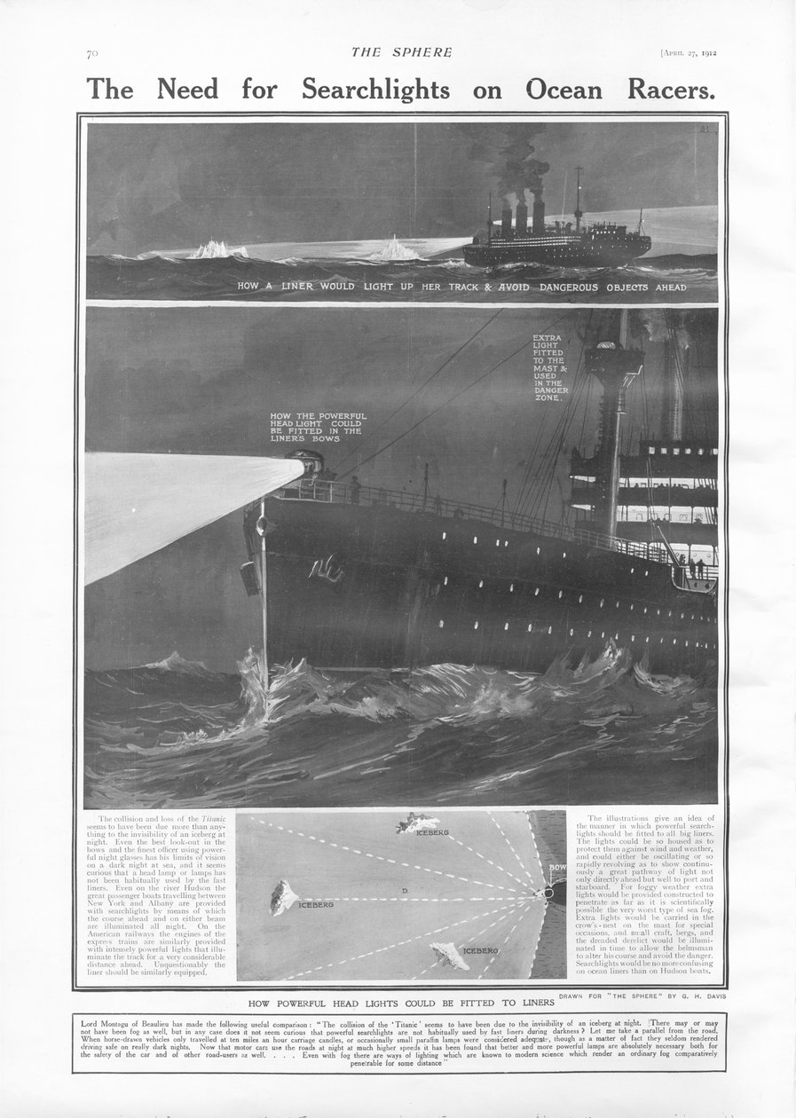 A necessidade de holofotes em transatlânticos, da The Sphere, 27 de abril de 1912 de English School