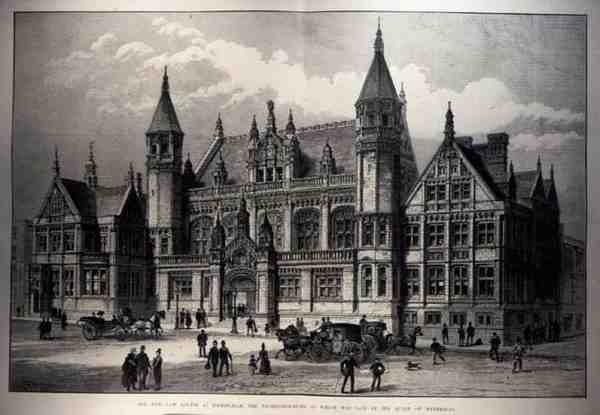 O New Law Courts em Birmingham, cuja pedra fundamental foi lançada pela rainha, em The Illustrated London News, 26 de março de 1887. de English School
