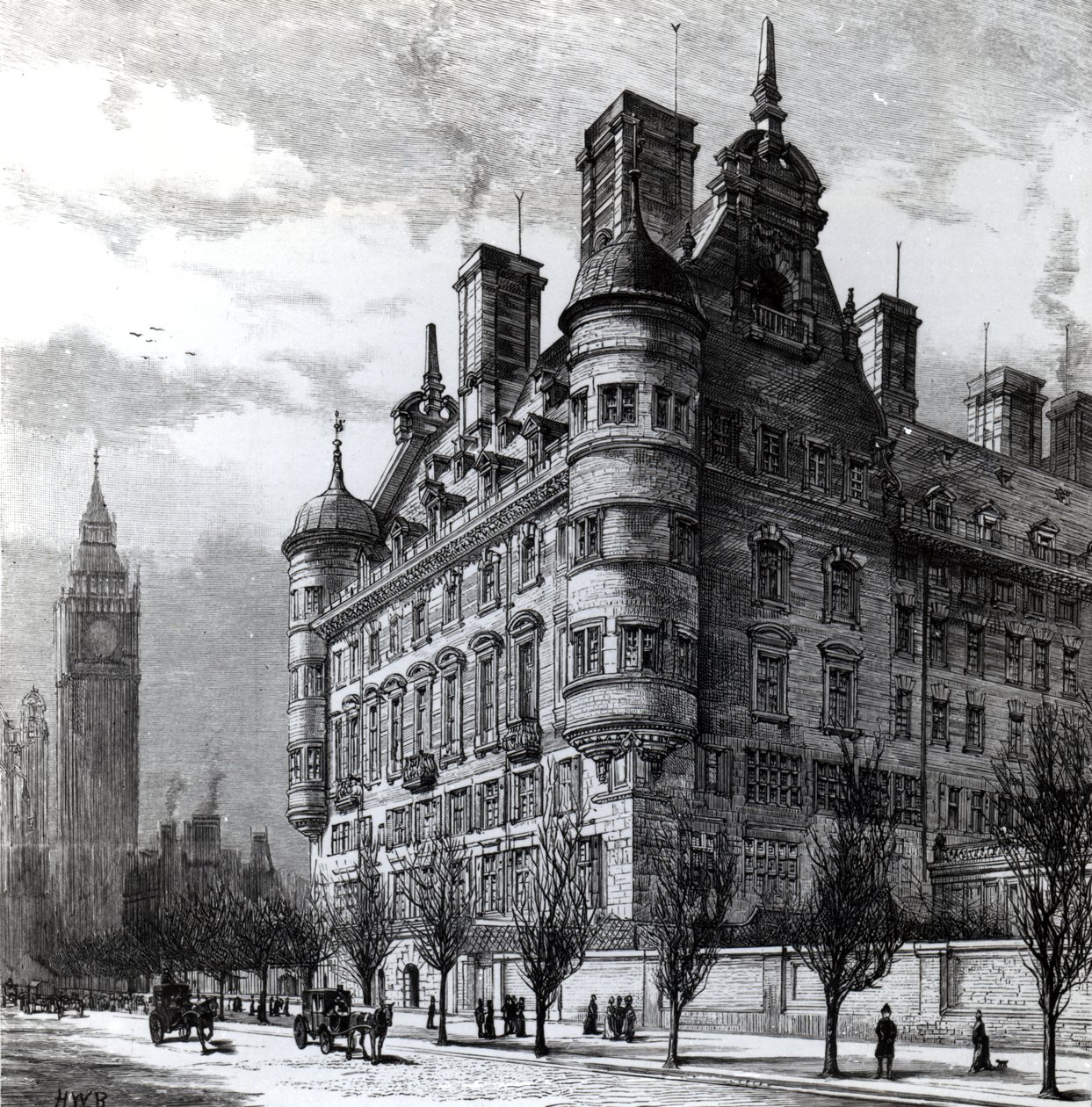 Os Novos Escritórios de Polícia no Victoria Embankment, gravados por HWB, publicados no &39;The Illustrated London News&39; c.1890 de English School