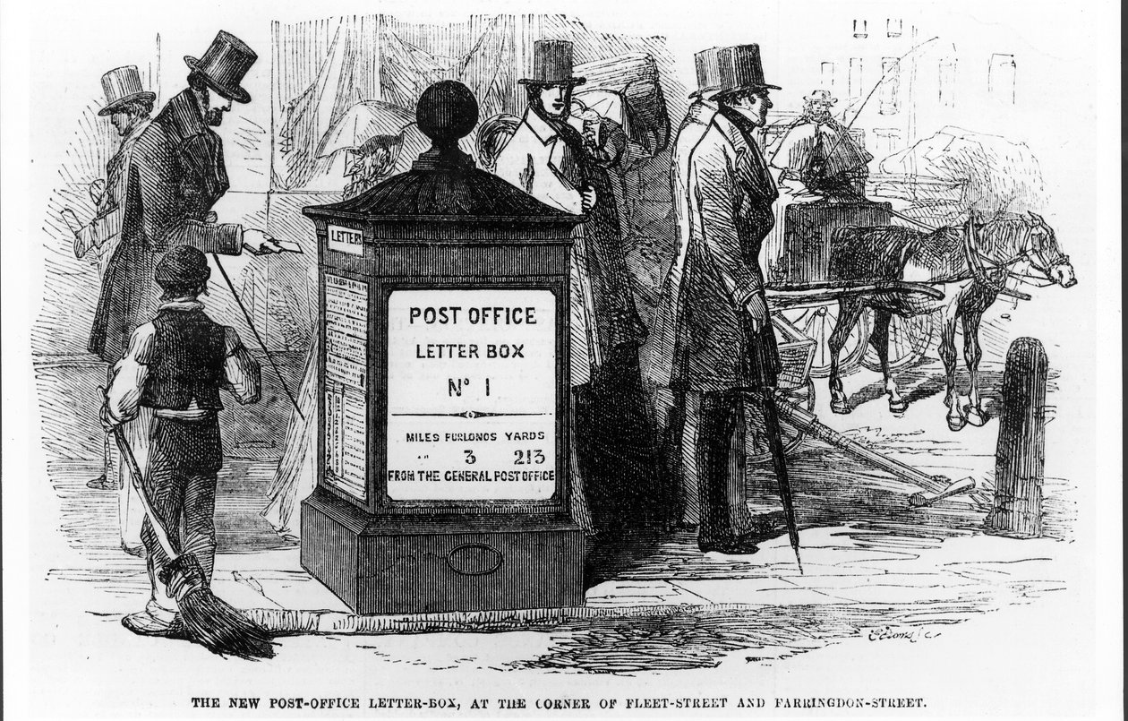 A Nova Caixa de Correio dos Correios, na esquina da Fleet Street com a Farringdon Street, do The Illustrated London News, 24 de março de 1855 de English School