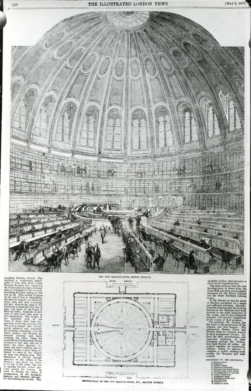 The New Reading-Room, Museu Britânico, publicado em The Illustrated London News, 9 de maio de 1857 de English School