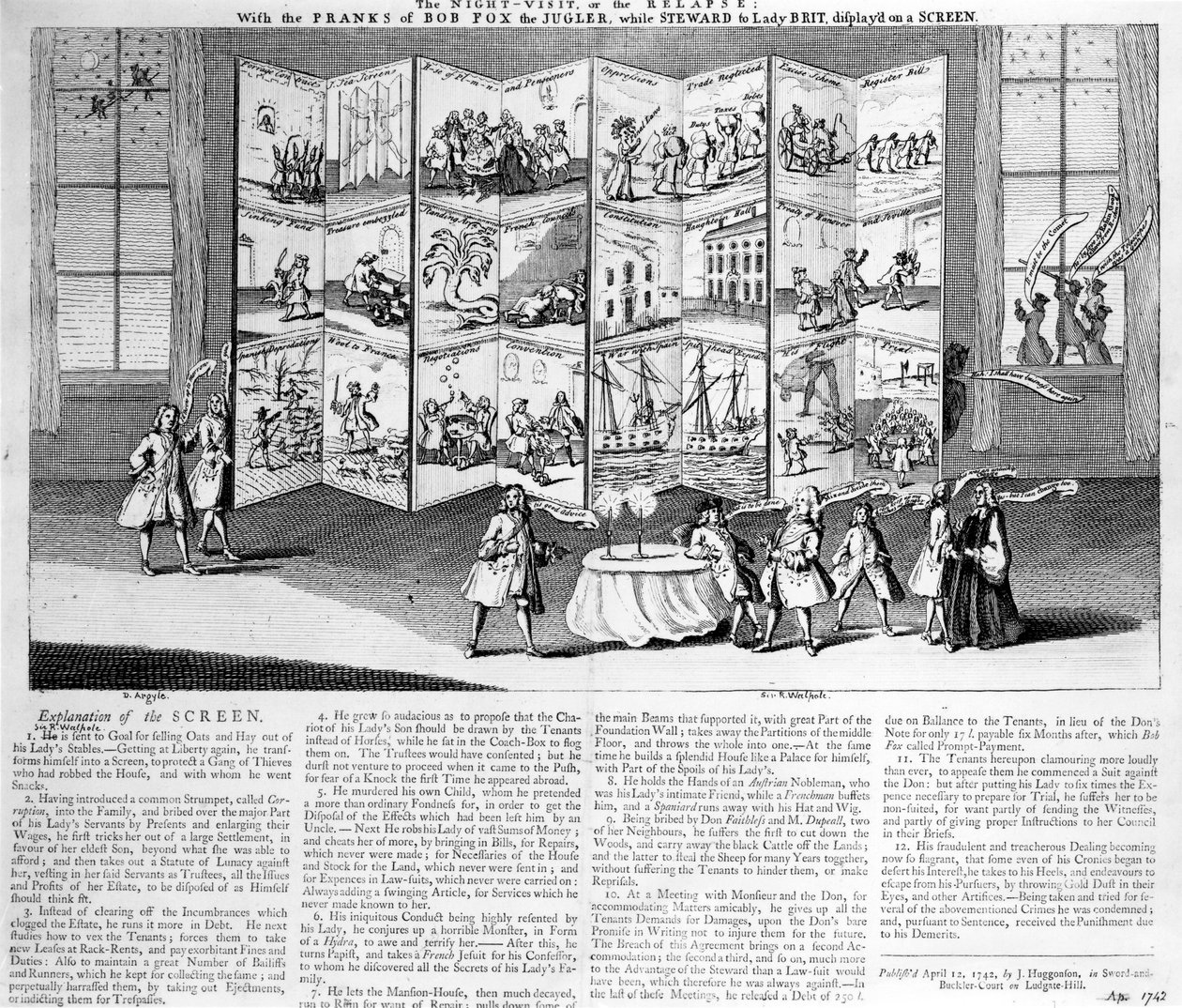 A visita noturna ou a recaída: com as pegadinhas de Bob Fox, o Jugler, enquanto Steward para Lady Britannia, exibido em uma tela, 1742 de English School