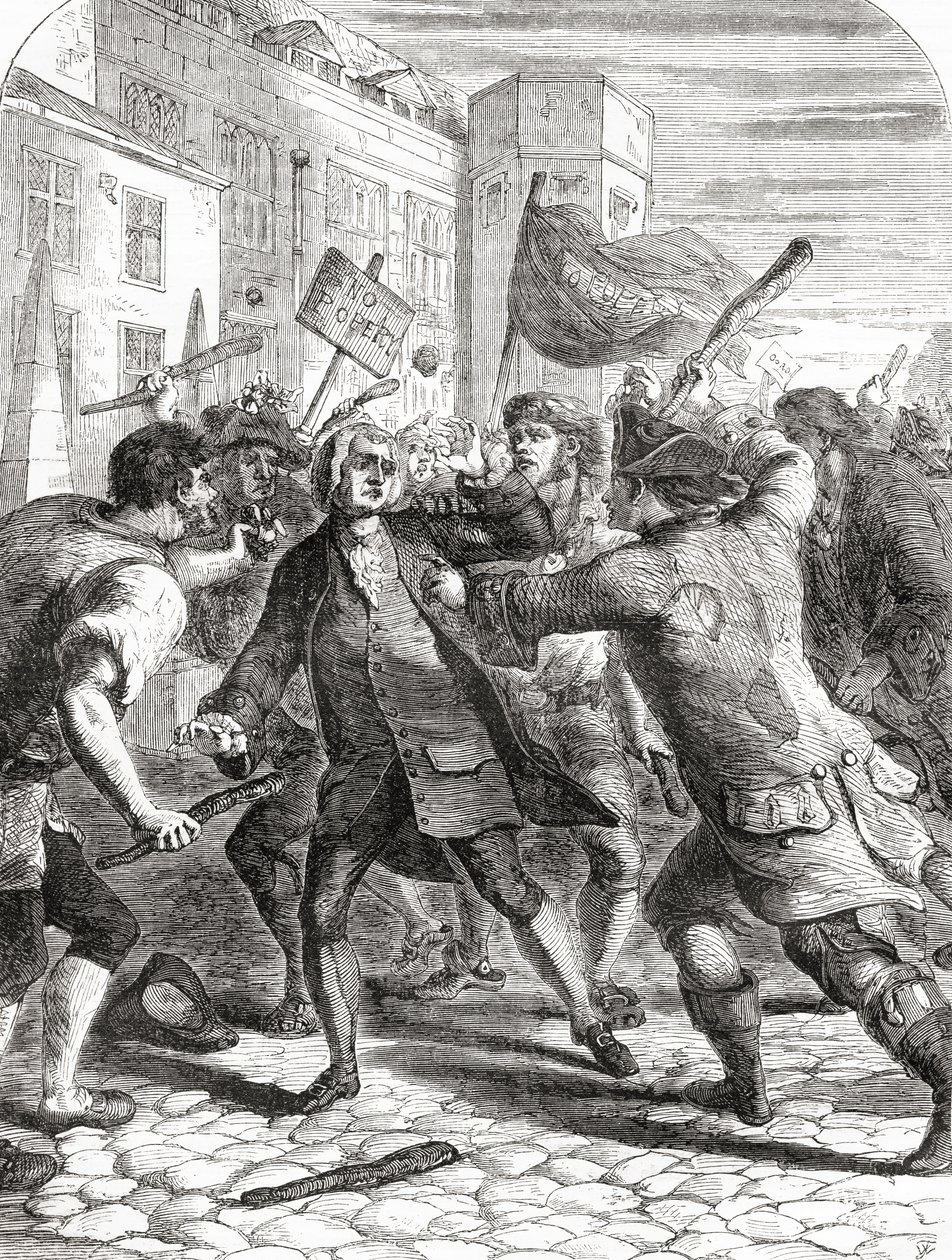 Os desordeiros "No-Popery" atacam membros do Parlamento em Palace Yard, Westminster, Londres, Inglaterra, durante os Gordon Riots de 1780. de English School