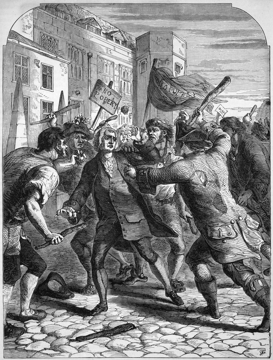 Os manifestantes do &39;No Popery&39; atacando os membros do parlamento no pátio do palácio de English School