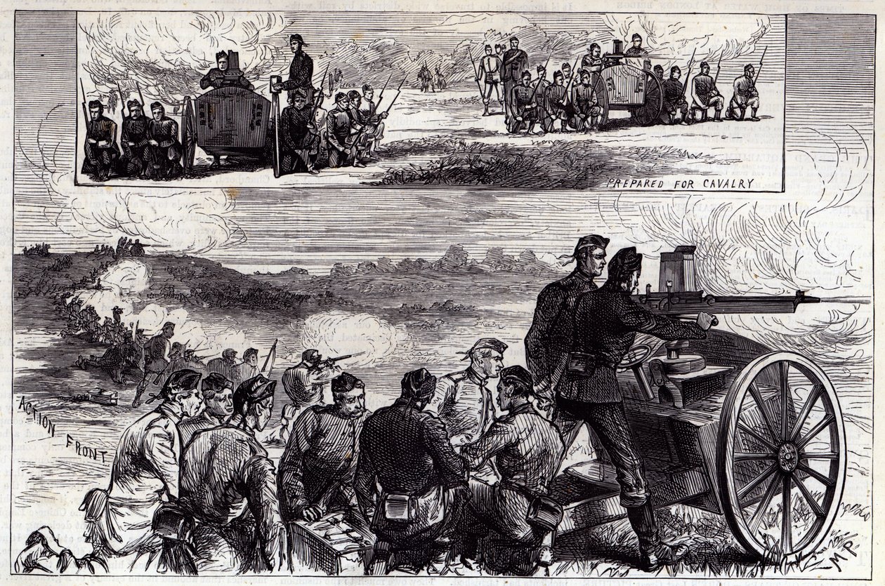 As armas de Nordenfeldt em Aldershott, do Illustrated London News, setembro de 1885 de English School