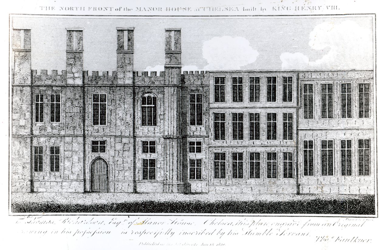 A fachada norte da mansão em Chelsea construída pelo rei Henrique VIII, gravada por J. Barlow, uma ilustração em uma descrição histórica e topográfica de Chelsea e seus arredores por Thomas Faulkner, de English School