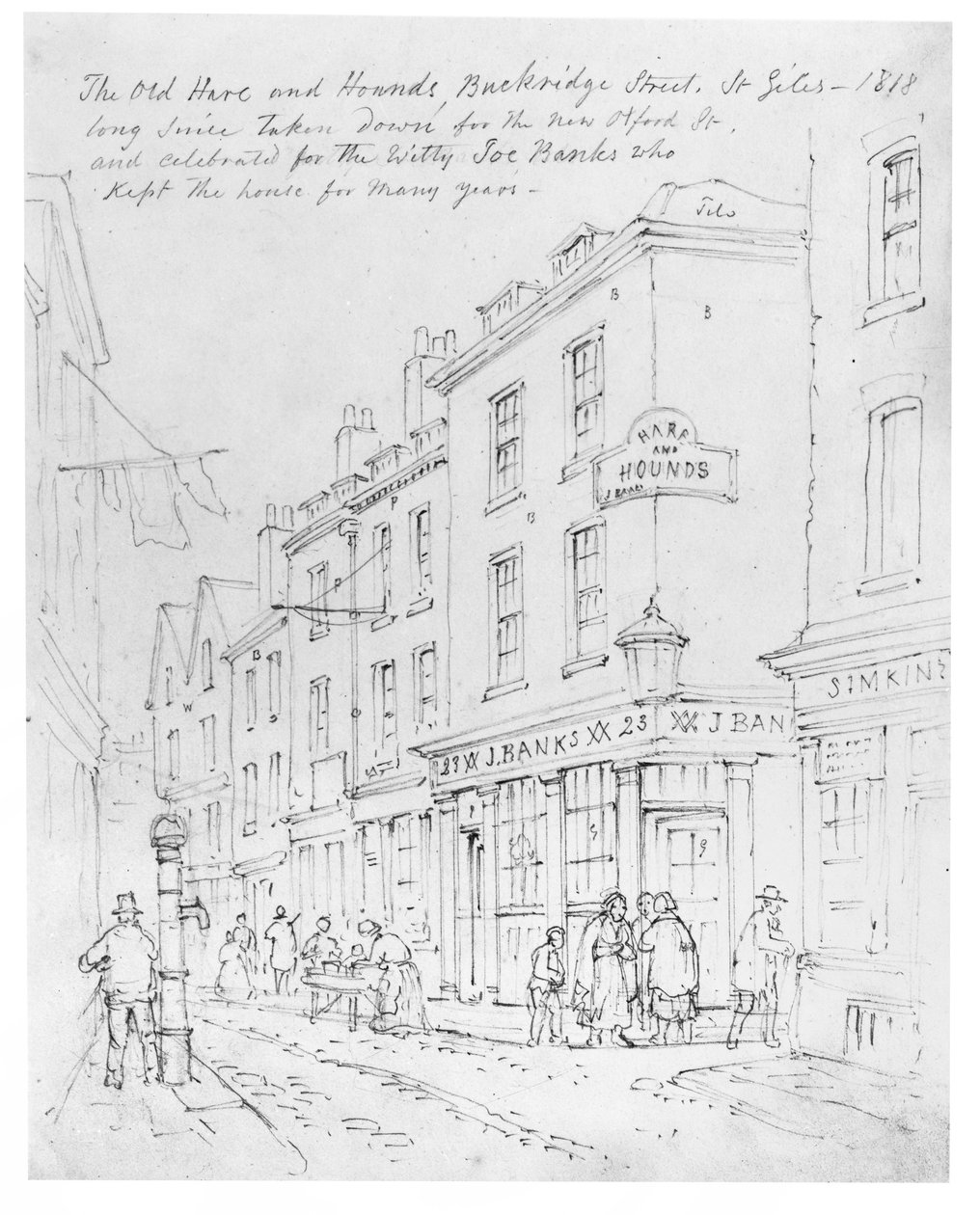 The Old Hare and Hounds, Buckridge Street, St Giles in1818 (desenho) de English School