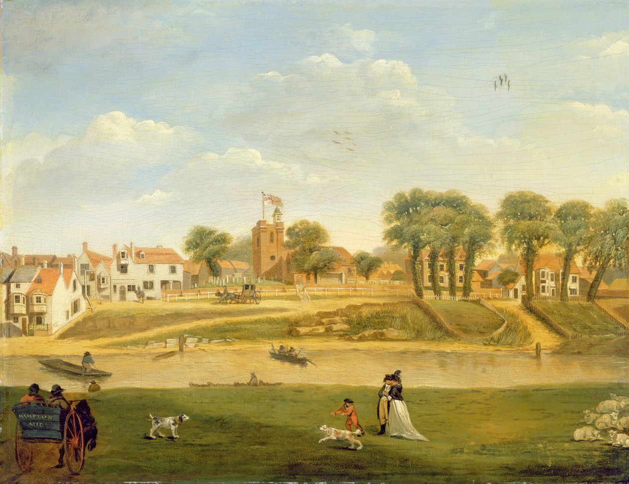 A antiga igreja paroquial e aldeia, Hampton-on-Thames, Middlesex de English School