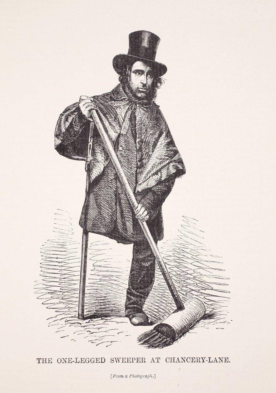 A vassoura de uma perna só na Chancery Lane, de uma fotografia, ilustração de London Labor e London Poor de Henry Mayhew, pub. 1862 de English School