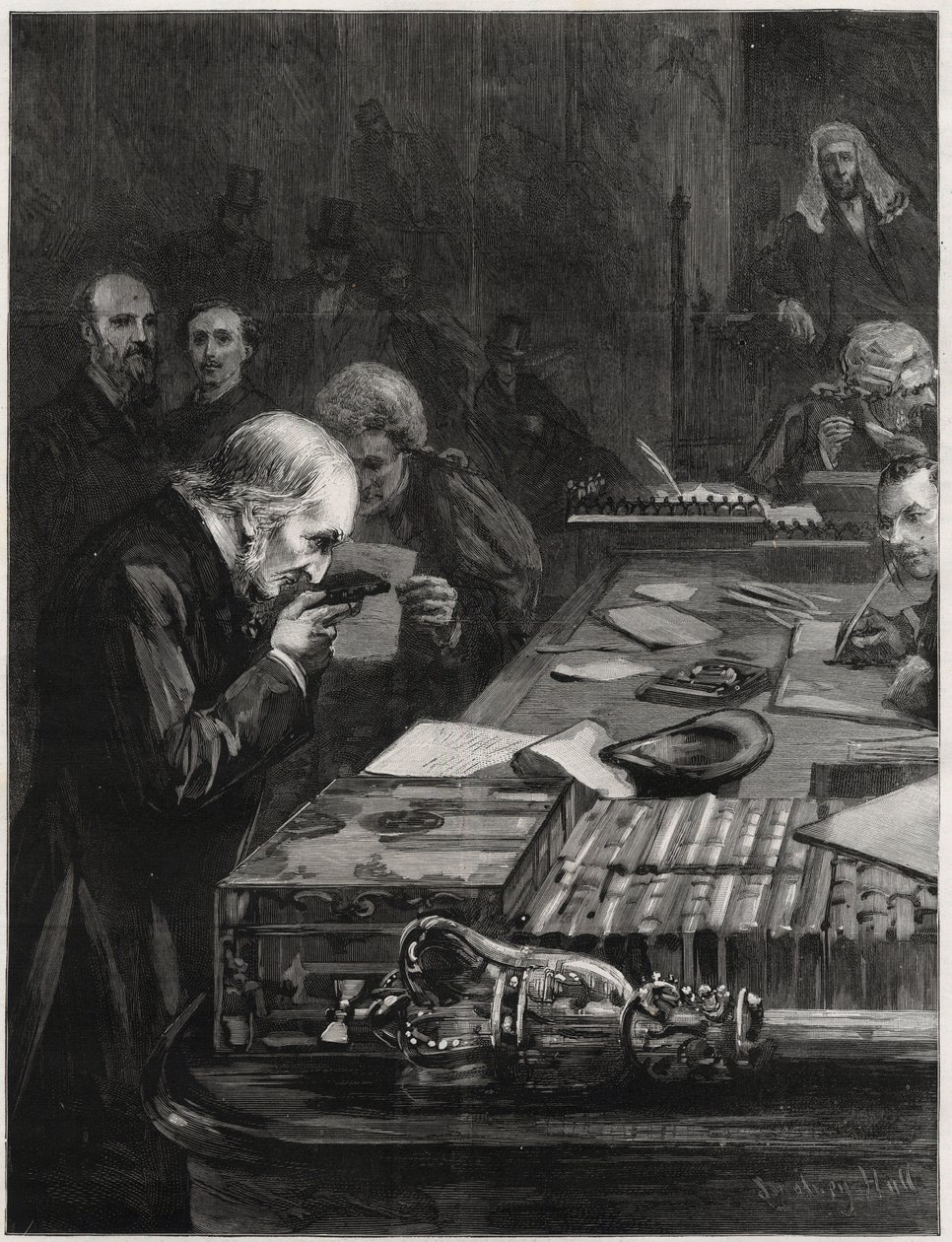 A Abertura do Parlamento, 31 de Janeiro de 1893, o Sr. William Ewart Gladstone, apoiado pelo Sr. Marjoribanks e pelo Sr. H Gladstone, prestando o Juramento. Ilustração para O Gráfico de English School