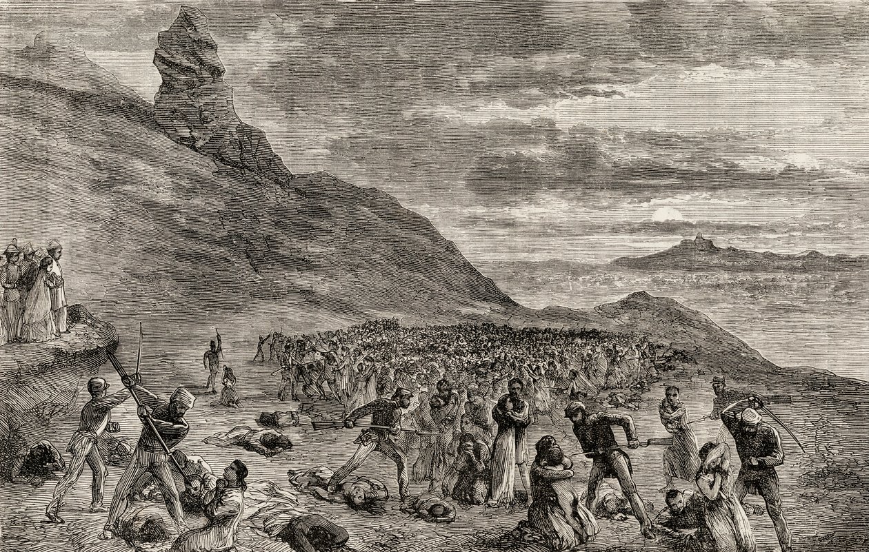 A perseguição e o massacre dos cristãos na ilha de Madagascar em 1849, c.1865 (gravura em madeira) de English School