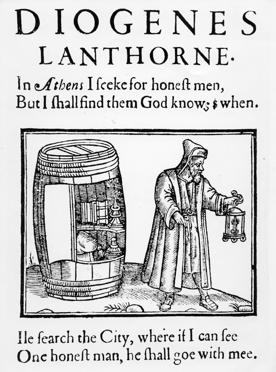 O filósofo Diógenes procura um homem honesto na cidade de Londres com sua lanterna, 1607 (ver também 485239). de English School