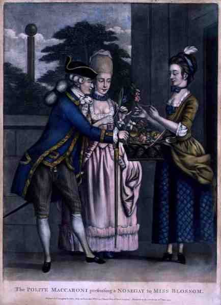 The Polite Maccaroni Apresentando um Nosegay à Miss Blossom, pub. por Carington Bowles (fl.1744-93) de English School
