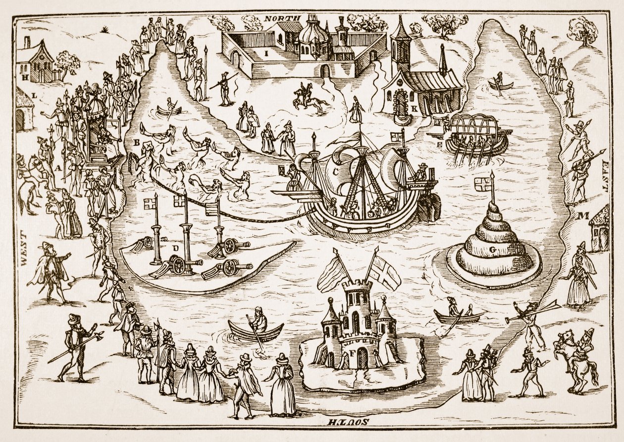 A Lagoa em Elvetham durante a visita da Rainha Elizabeth, do The Honorable Entertainment dado ao Queens Majestie em Prgresse em Elvetham em Hampshire pela Honble Right the Earl of Hertford, 1591 ( de English School