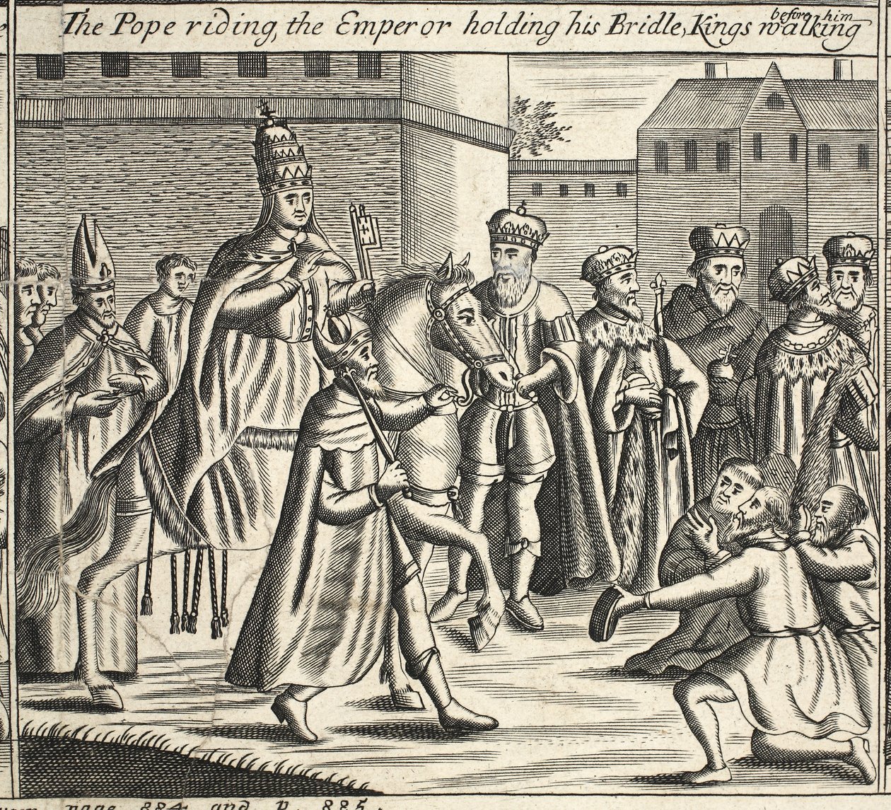 O Papa cavalgando, o Imperador segurando seu freio, Reis andando diante dele, ilustração de Atos e Monumentos de John Foxe, nona edição, pub. 1684 de English School