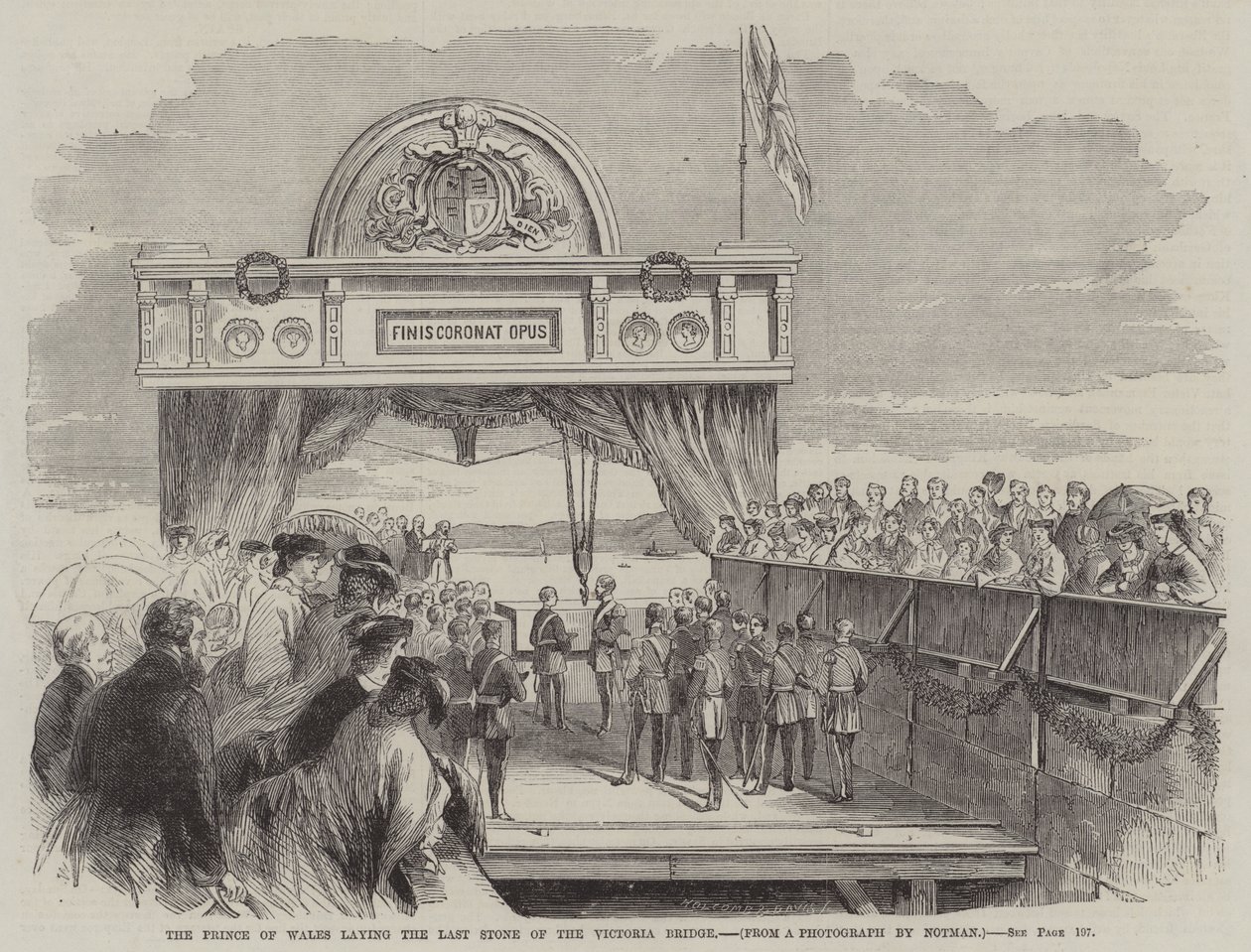 O Príncipe de Gales lançando a última pedra da Ponte Vitória (gravura) de English School
