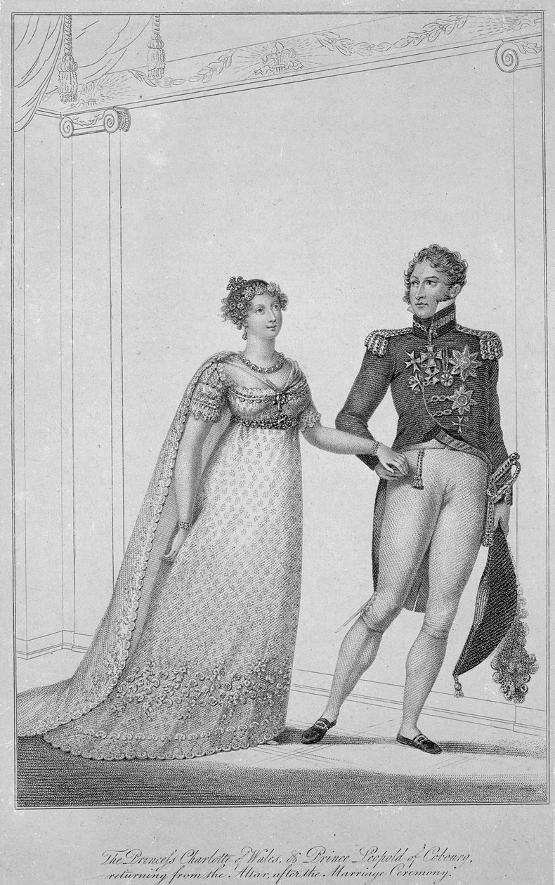 A Princesa Charlotte de Gales e o Príncipe Leopoldo de Cobourg retornando do altar após a Cerimônia de Casamento, 1816 de English School
