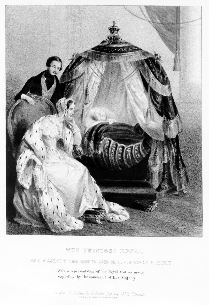 A Princesa Real, Sua Majestade a Rainha e Sua Alteza Real o Príncipe Alberto, com o catre real, c.1840 de English School