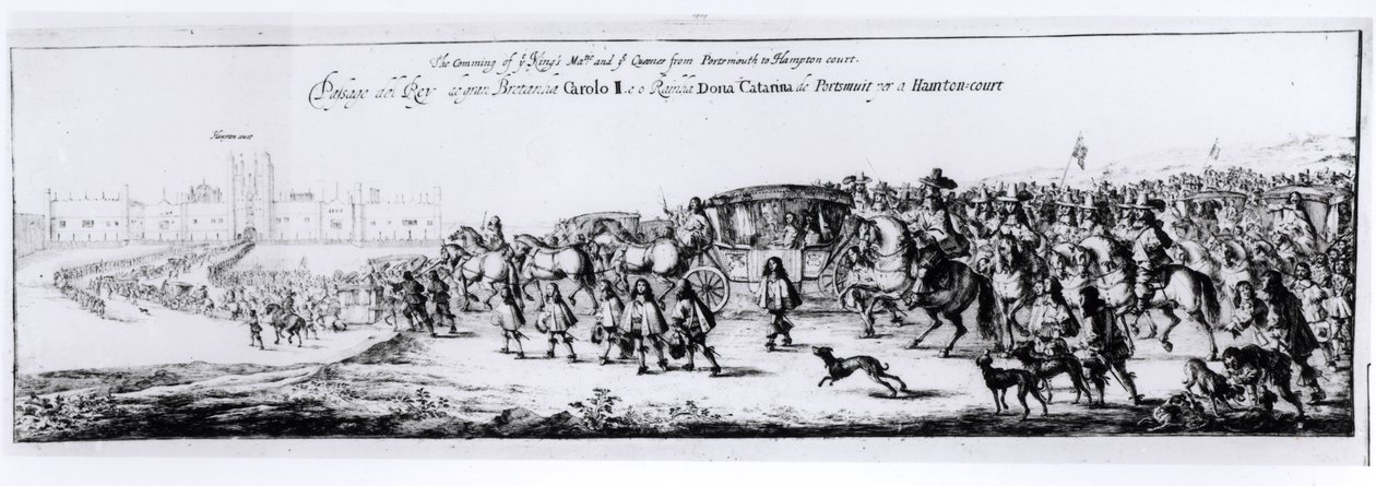 A Procissão de Carlos II (1630-85) e sua Nova Rainha, Catarina de Bragança (1638-1705), de Portsmouth a Hampton Court, 1662 de English School
