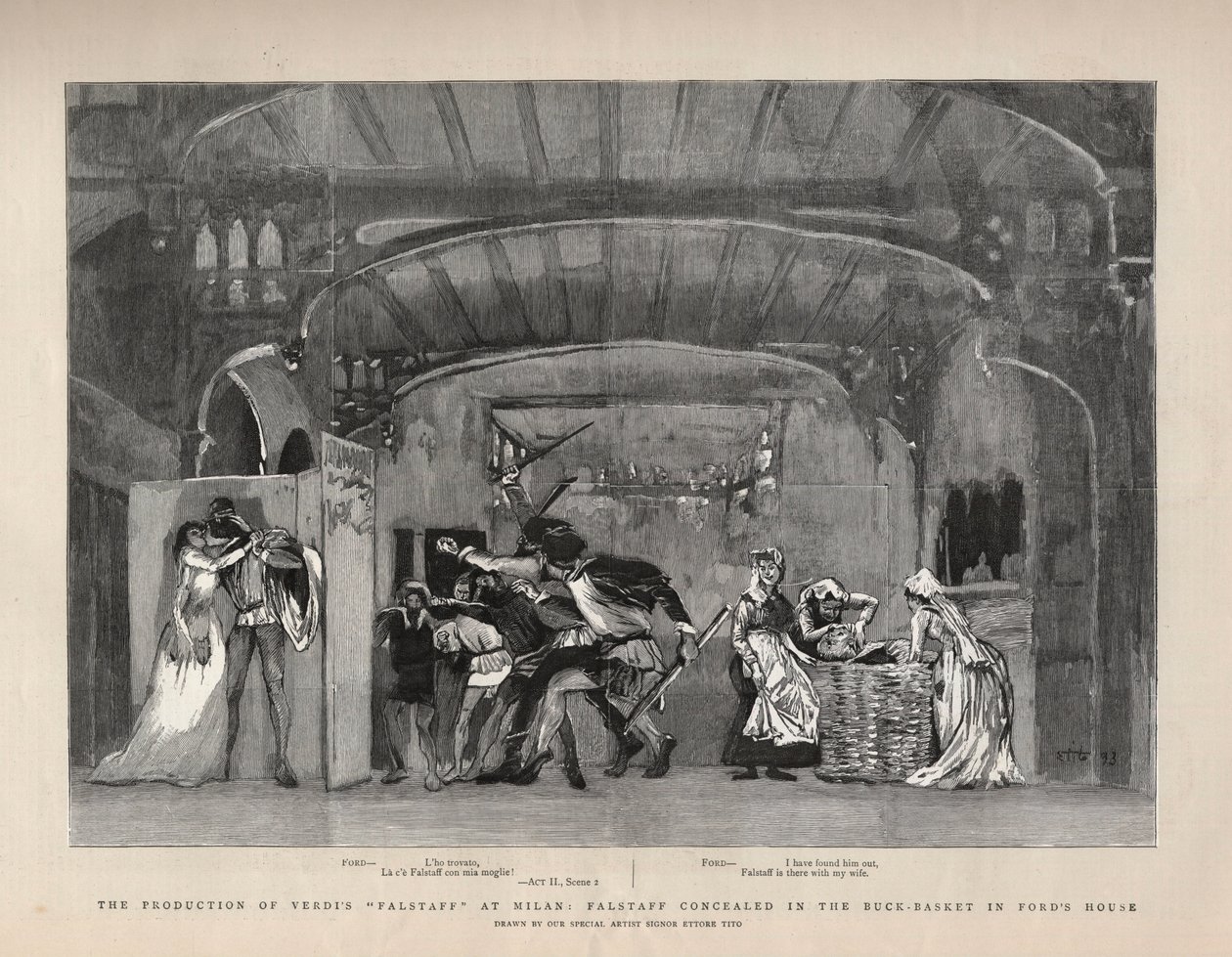 A produção do "Falstaff" de Giuseppe Verdi em Milão, Falstaff escondido no Buck-Basket na Ford
