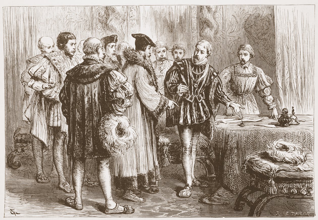 Os príncipes protestantes que assinam sua confissão, ilustração da história do protestantismo por James Aitken Wylie (1808-1890), bar. 1878 de English School